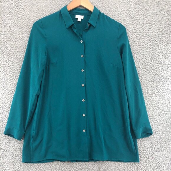 J Jill Top Womens Small Green Button Up Collared Long Sleeve Blouse Pleated Back - Picture 1 of 10